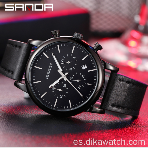 SANDA 1034 Reloj de lujo para hombre de negocios Reloj de cuero de cuarzo informal para hombre de tres ojos y seis pines a prueba de agua